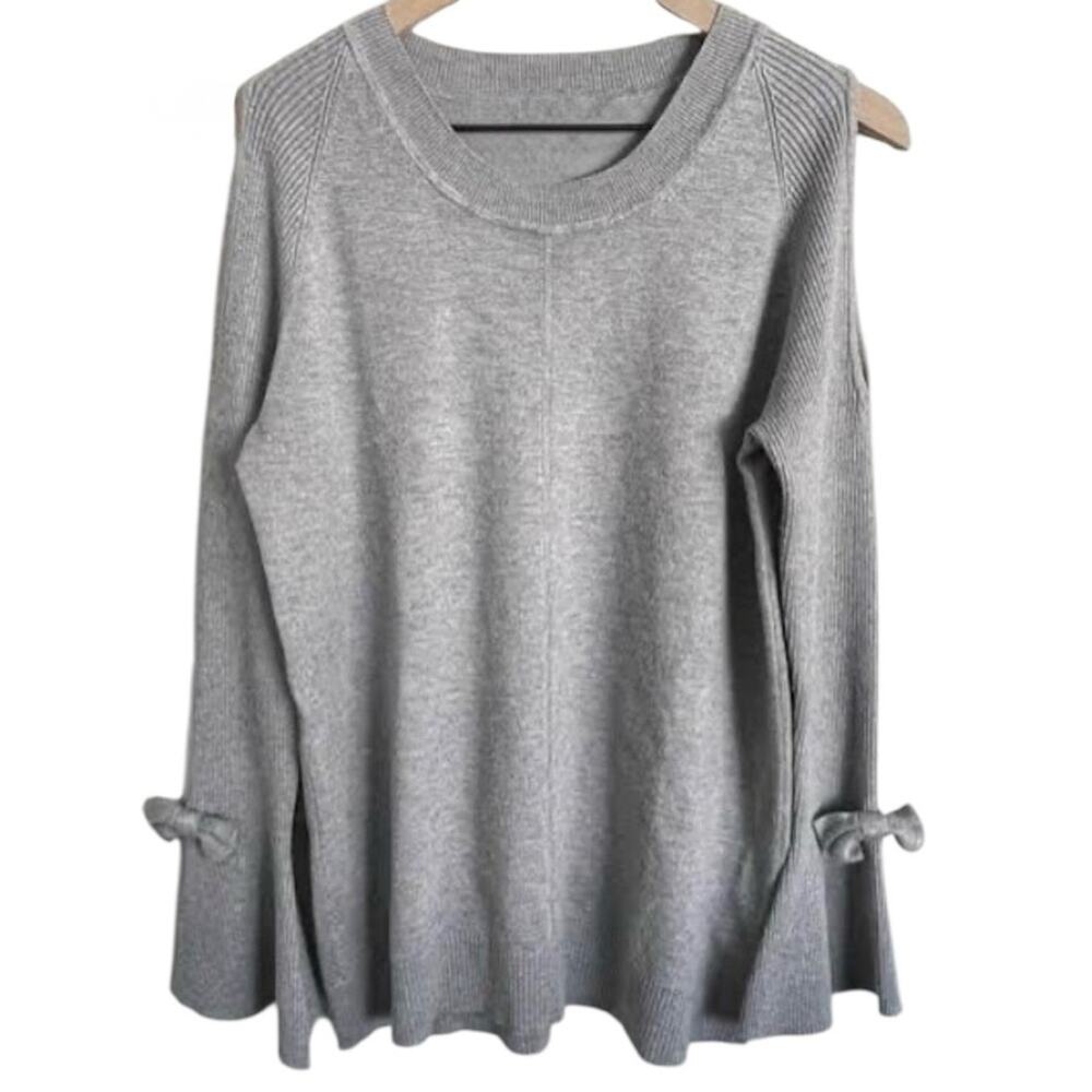KARL LAGERFELD Gray Cold Shoulder Sweater Bow Bell Sleeves Side Slits Womens M